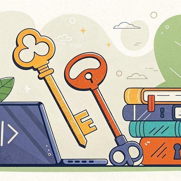A laptop with code symbols, two large keys, stacked books, a gear, and a potted plant, all illustrated with a flat, colorful style.