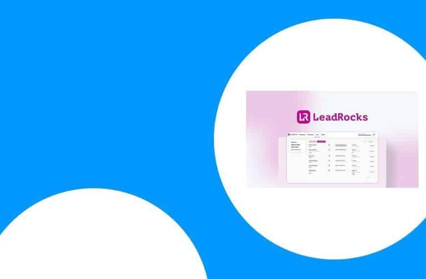 LeadRocks interface with a table is displayed within a white circle on a blue background.