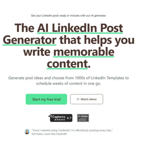 Screenshot of a website homepage promoting an AI LinkedIn Post Generator, with options to start a free trial or watch a demo, and user ratings displayed.