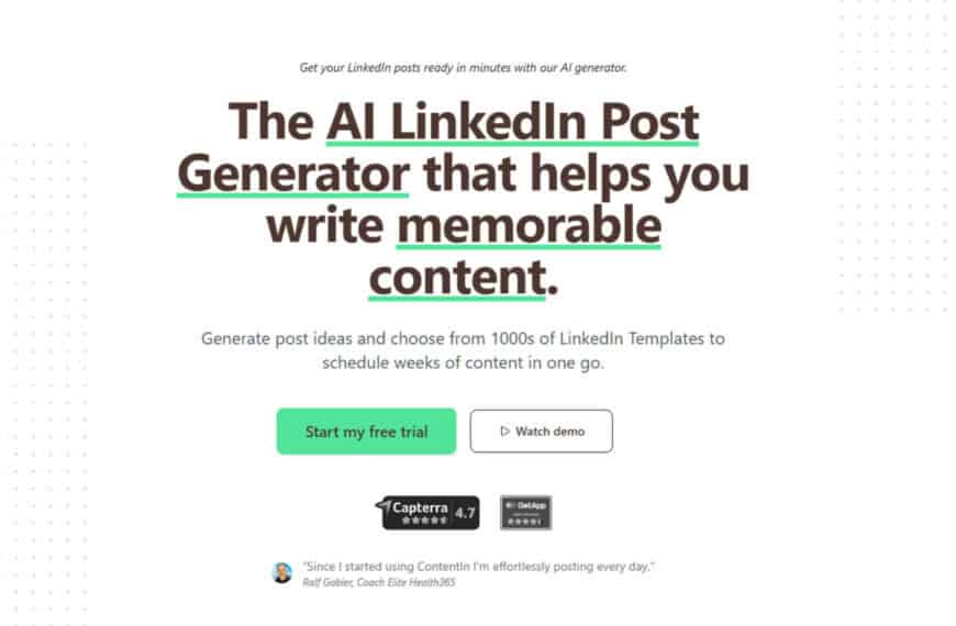 Screenshot of a website homepage promoting an AI LinkedIn Post Generator, with options to start a free trial or watch a demo, and user ratings displayed.