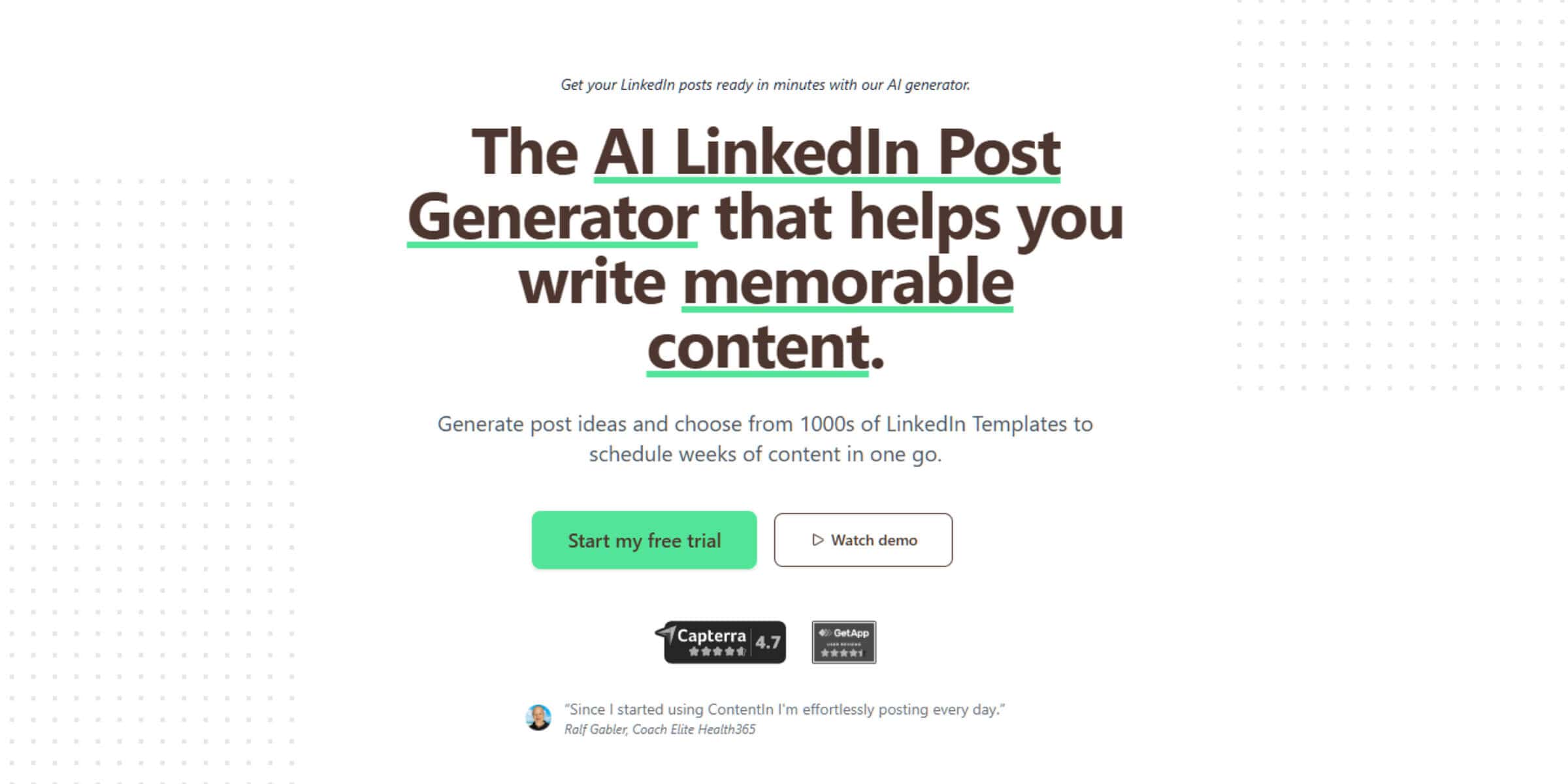 Screenshot of a website homepage promoting an AI LinkedIn Post Generator, with options to start a free trial or watch a demo, and user ratings displayed.