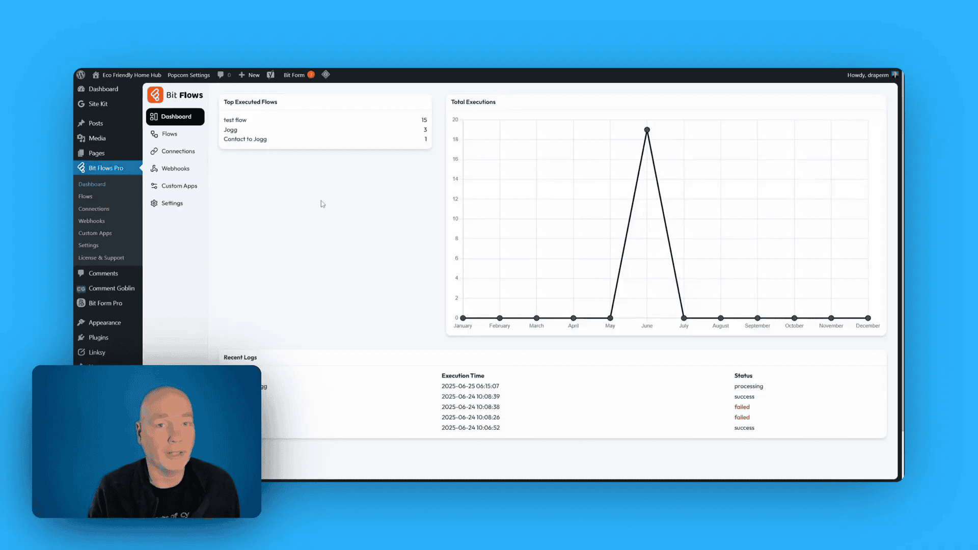 Bitflows dashboard overview showing task executions and logs