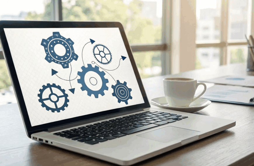 A laptop on a desk displays interconnected gear icons on the screen; a cup of coffee, papers, and a pen are nearby, with large windows in the background.