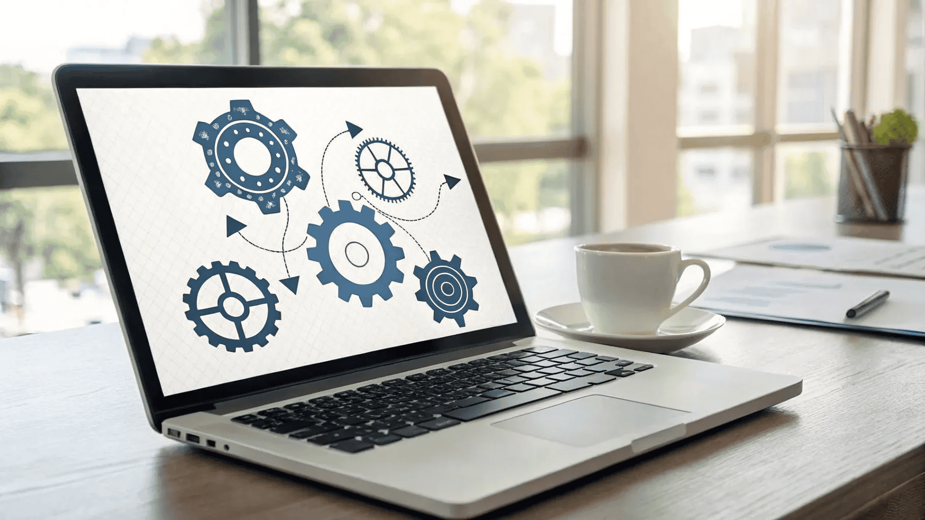 A laptop on a desk displays interconnected gear icons on the screen; a cup of coffee, papers, and a pen are nearby, with large windows in the background.