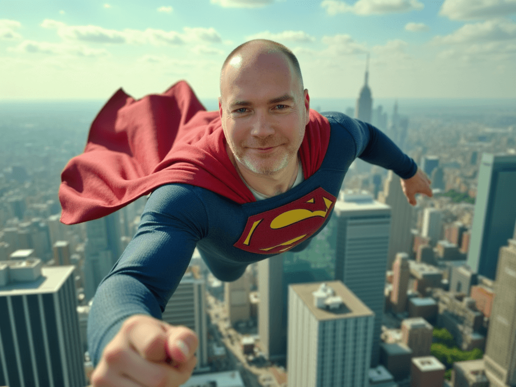 A man dressed as Superman is flying above a cityscape with skyscrapers under a partly cloudy sky.