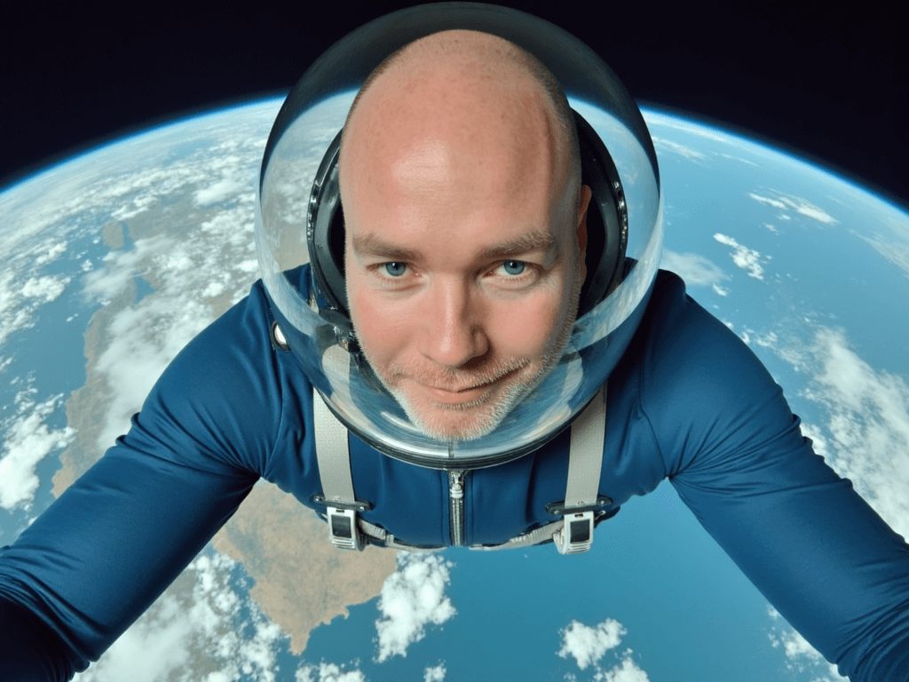 A person in a blue spacesuit and helmet floats in space above Earth, with the planet's surface and clouds visible in the background.