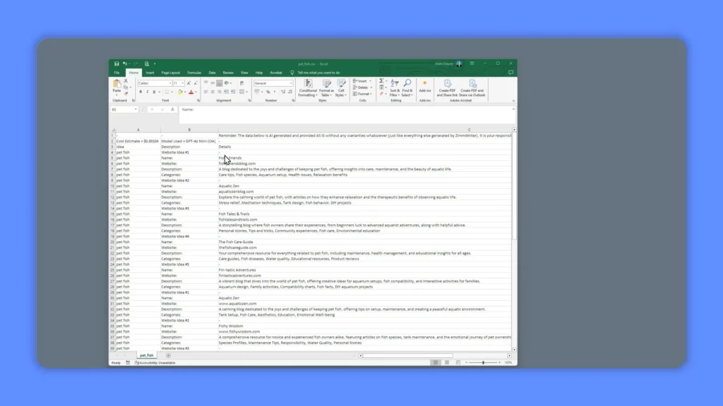 A spreadsheet displayed on a computer screen with rows and columns filled with text data, including headers like "Sector" and "Description." The Excel interface shows various toolbars.