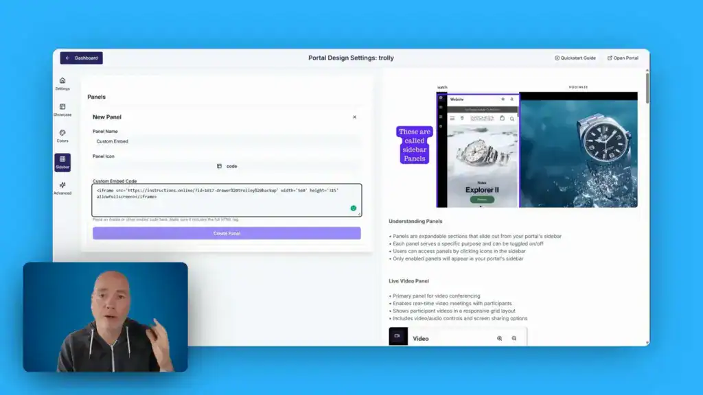 A person uses sign language in a video overlay while a web design interface with panel editing and preview options is displayed on a computer screen.