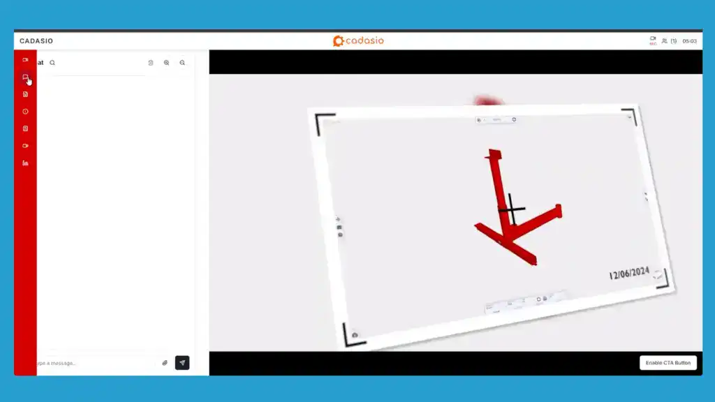 A computer screen displays a 3D modeling software with a red and black axis diagram in the main workspace and tool panels on the left side.