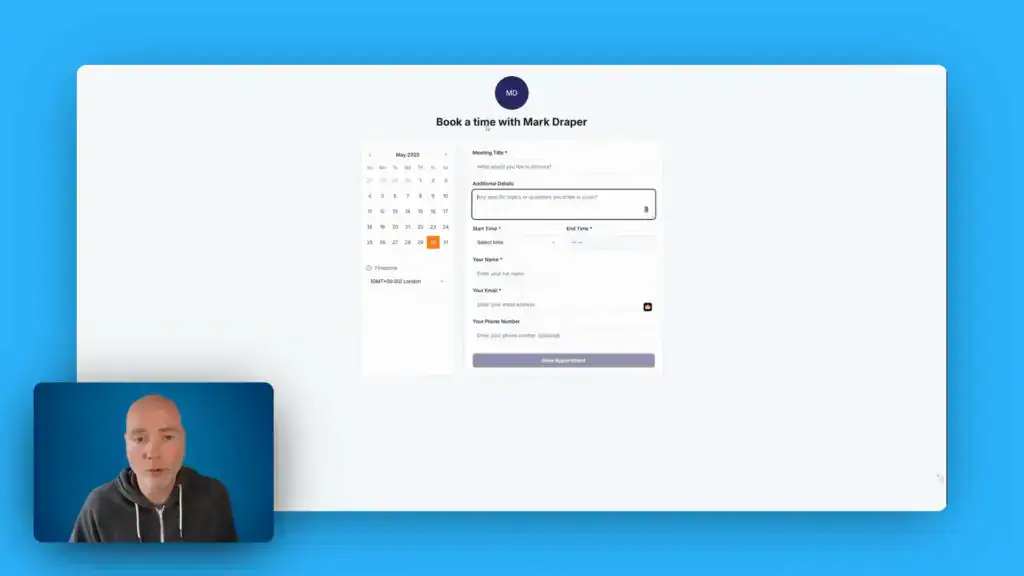 A person appears in a video call window in the bottom left as a booking form to schedule a meeting with Mark Draper is displayed on the main screen.