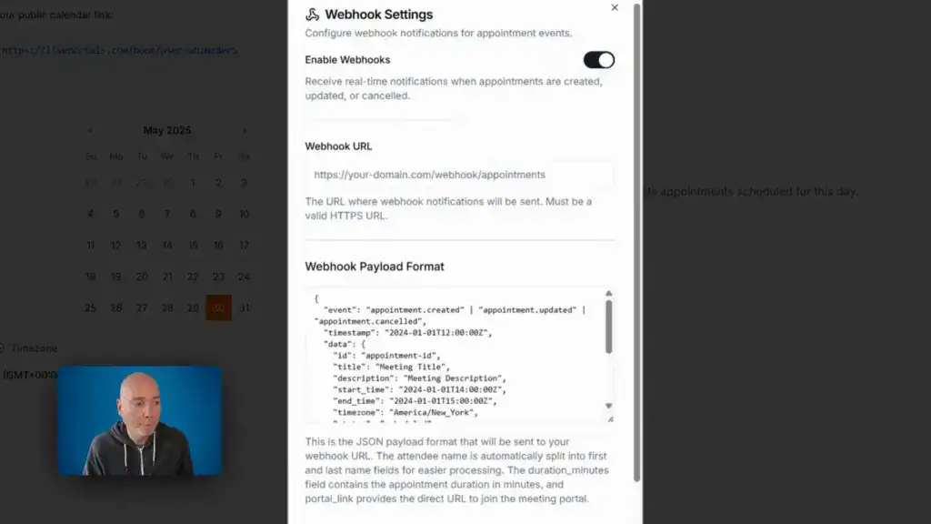A user configures webhook settings for appointment events, including enabling webhooks, entering a URL, and specifying a JSON payload format in a software interface.